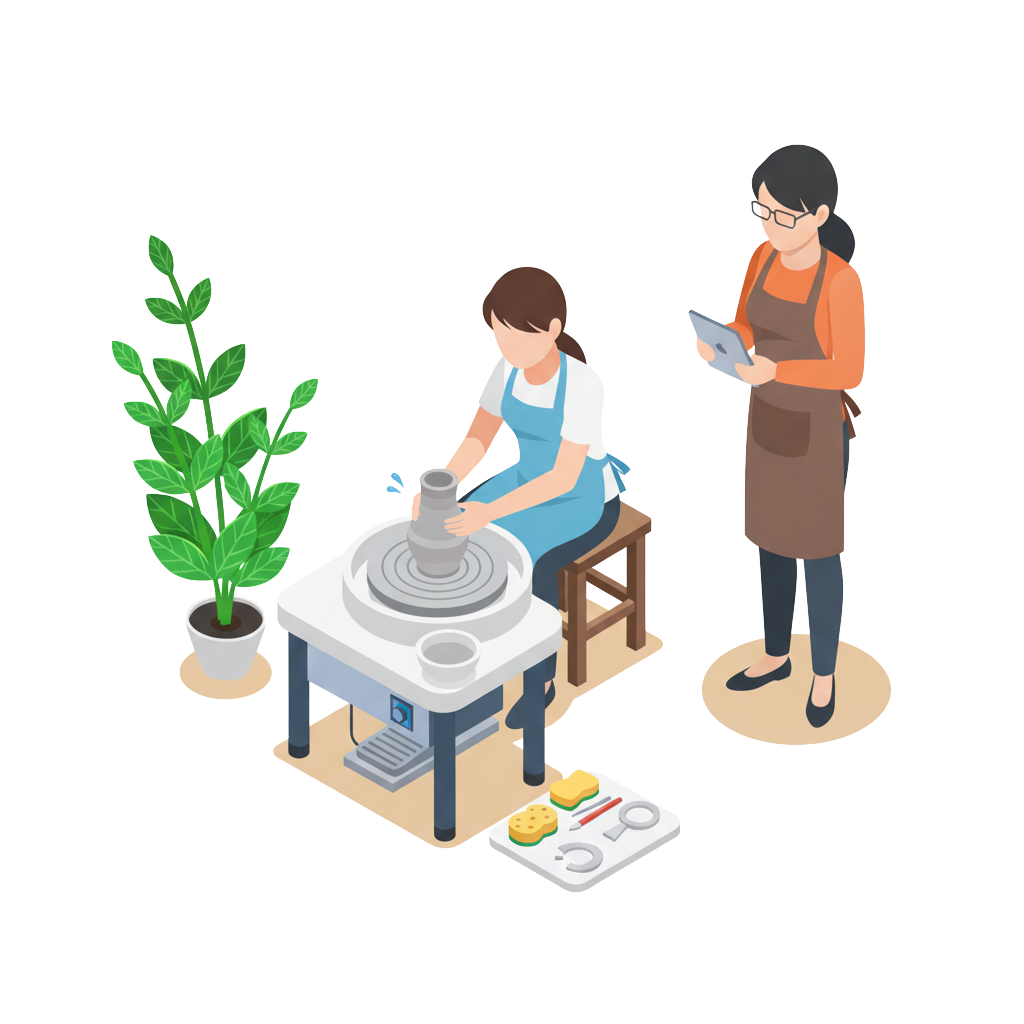 Illustration d'un cours de poterie avec un élève concentré au tour et l'enseignant à côté consultant sa tablette, pensant à l'aide d'Atoly.