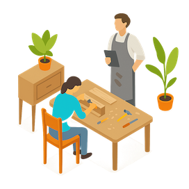 Illustration of a woodworking class with a focused student on the working wood on a table and the teacher on the side looking up thinking about how Atoly will help them.