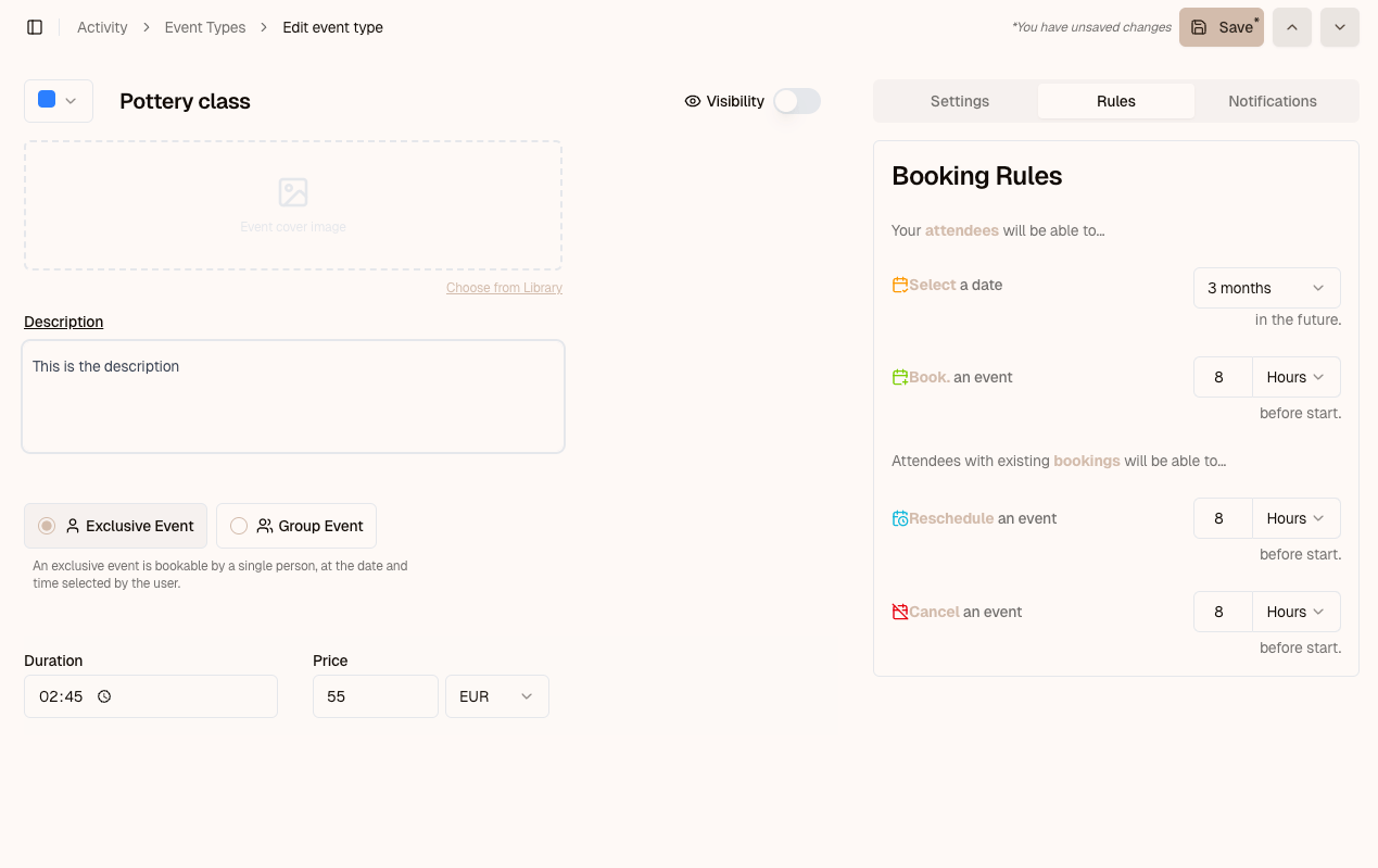 Events with advanced booking rules illustration